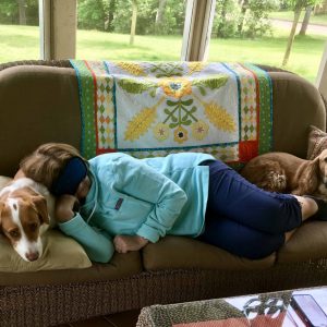 Breeda taking a nap on the porch sofa with a dog pillow an dog foot warmer.